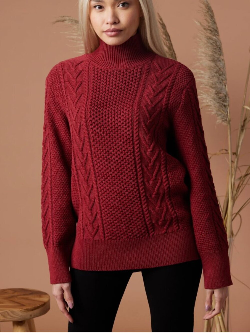 Known Supply Women's Red Cable Knit Sweater Long Dallas Sweater in Ruby